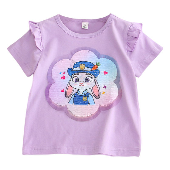 
Girls' pure cotton Zootopia Judy Nick color-changing sequined T-shirt summer little girl baby girl children's short-sleeved top
