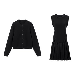 
SUK Gaozhi old money! 100% wool round neck vest sweater pleated dress loose cardigan suit for women