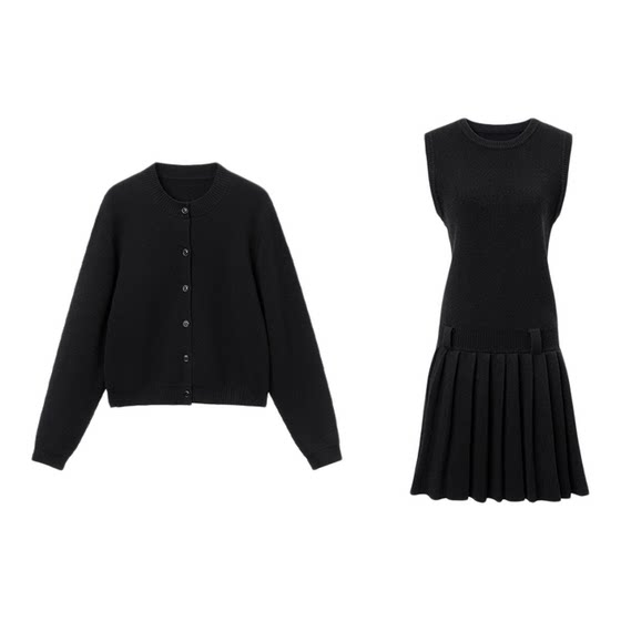 
SUK Gaozhi old money! 100% wool round neck vest sweater pleated dress loose cardigan suit for women