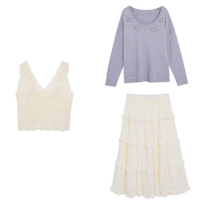 Early autumn atmospheric outfit suit plus size women's fat mm lace suspender giant slim sweater skirt three-piece set