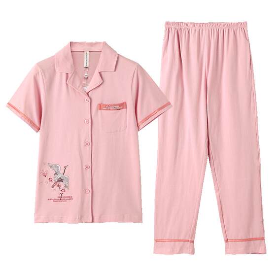 
Fenten short-sleeved pajamas for women in summer pure cotton thin cardigan Korean style fresh cotton plus size loose home clothing set