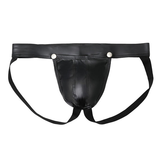 
Crotch button-openable men's double T-string underwear, imitation leather, empty back, sexy patent leather large pouch, stage butt-revealing underpants