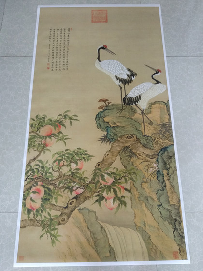 ທິວທັດຂອງ Qing Zou Yigui Shouzi, peach ແລະ crane ສອງ, ຮູບແຕ້ມພື້ນເມືອງຈີນ, ດອກໄມ້ແລະນົກ, ການແຕ້ມຮູບທີ່ລະມັດລະວັງ, ການແຕ້ມຮູບສໍາເນົາ, ການແຕ້ມຮູບວັດຖຸບູຮານ, ການແຕ້ມຮູບການແຜ່ພັນ