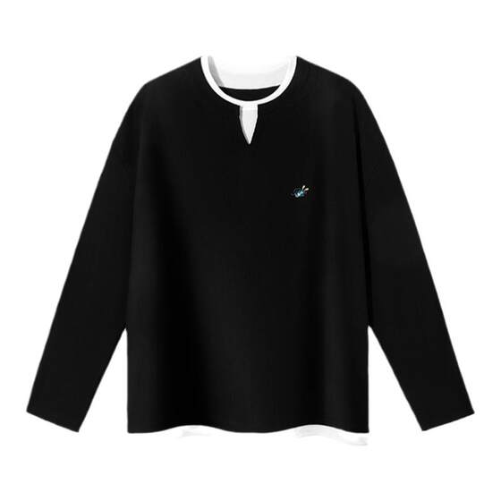 PSO Brand men's and women's fake two-piece contrasting embroidered white bottoming women's loose long-sleeved T-shirt tops