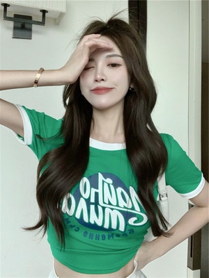 taobao agent Green summer short T-shirt, sexy brand top, plus size, fitted