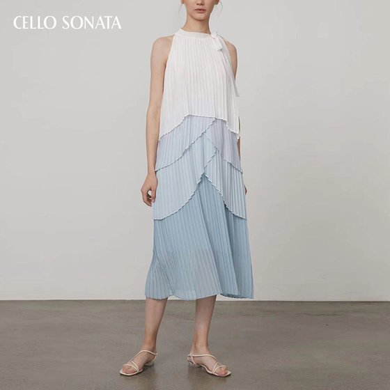 Cello Sonata春夏设计师品牌压褶挂脖连衣裙周小仙