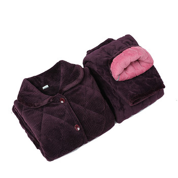 Winter pajamas for middle-aged and elderly women, coral velvet three-layer quilted thickening grandma suit, mother's warm home clothes