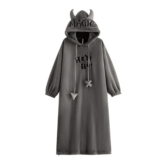 
Yuenei nightgown women's pajamas autumn and winter flannel thickened plus velvet warm coral velvet large size hooded nightgown