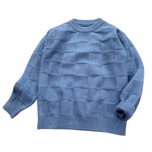 
45% wool ~ three-dimensional checkered sweater 110-160 Children's autumn and winter round neck pullover knitted sweater for boys