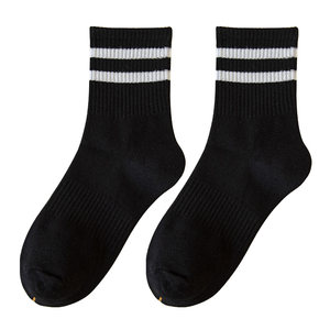 
Socks for women, spring and autumn mid-calf socks, pure cotton yarn, anti-odor outer wear, women's sports style two-bar black and white stockings