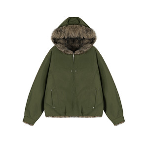 
lemanism American trendy solid color hooded fur collar cotton coat men's 2025 new couple style warm cotton top