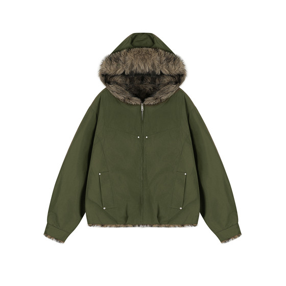 
lemanism American trendy solid color hooded fur collar cotton coat men's 2025 new couple style warm cotton top