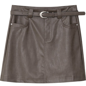 
Retro PU leather skirt for women, high waist, simple, versatile, slimming A-line skirt, anti-exposure lining, temperament small leather skirt