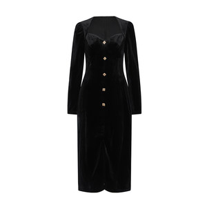 Ching's French velvet long sleeve glazed button dress with vintage square collar slim and straight skirt
