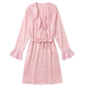 
Ruixiang pink petal collar long-sleeved nightgown women's spring and summer bathrobe lace-up high-end pajamas nightgown