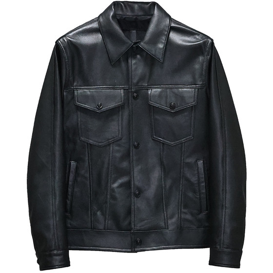 Light wash as the old head layer of sheep leather clothes male slim short youth leisure lapel denim jacket jacket Yang