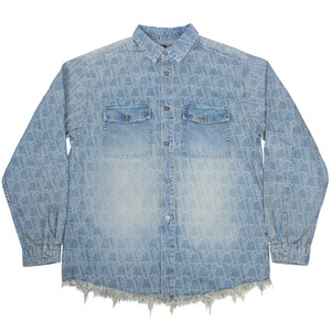 
VLONE all-over printed old flower LOGO gradient washed torn raw edge bad hem American classic retro denim shirt