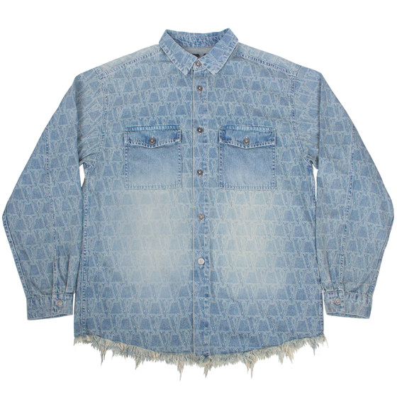 
VLONE all-over printed old flower LOGO gradient washed torn raw edge bad hem American classic retro denim shirt