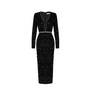 
XULU original innovative velvet sequin hot gold hip skirt high waist slim temperament deep V-neck long-sleeved dress