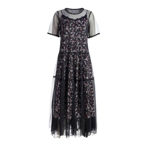 Shengyuzhu counter summer and autumn new dress, sweet thin mid-length skirt, short-sleeved round neck pullover A-line skirt
