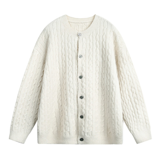 
Feixingji sheep wool white twist sweater jacket for men in autumn Korean style lazy style loose knitted cardigan