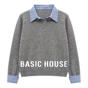 
Baijiahao Gray Fake Two-piece Knitted Sweater Top 26 Spring New Women's Plaid Splicing Lapel Shirt Sweater