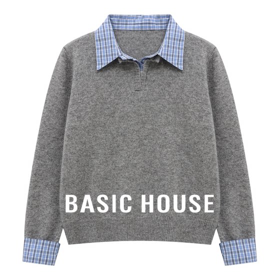 
Baijiahao Gray Fake Two-piece Knitted Sweater Top 26 Spring New Women's Plaid Splicing Lapel Shirt Sweater