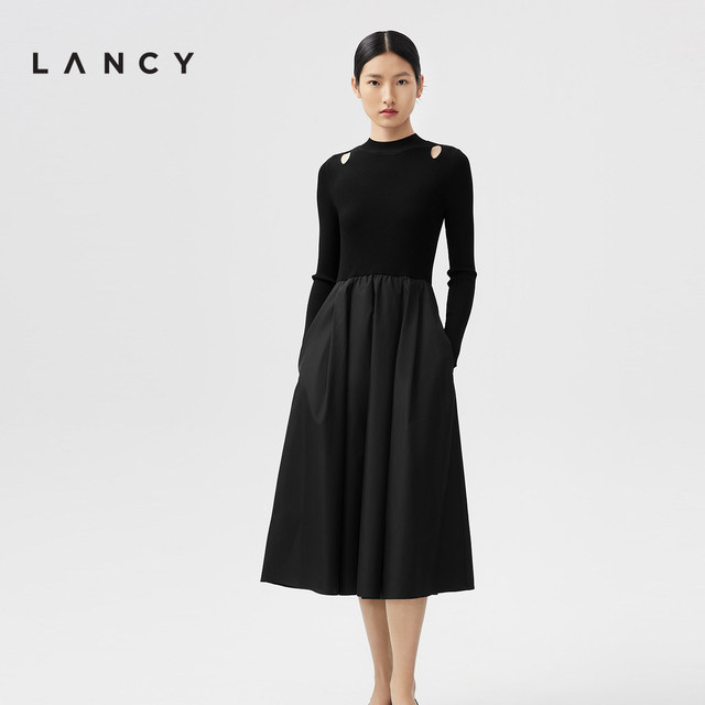 LANCY/Langzi 2024 spring and autumn new long-sleeved hollow silk skirt black mid-length spliced ​​dress for women