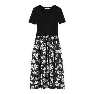 
Langzi two-color knitted spliced ​​contrast printed dress 2025 summer new A-line high-waist floral skirt