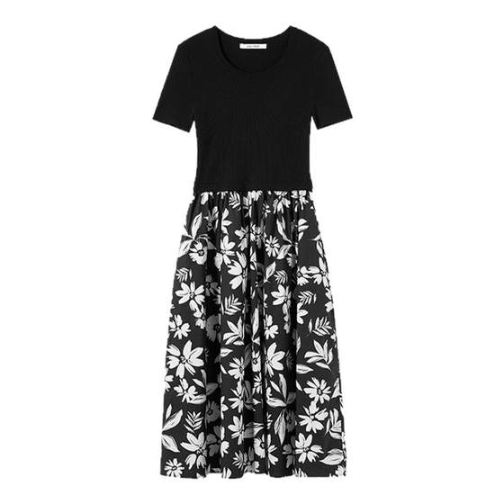 
Langzi two-color knitted spliced ​​contrast printed dress 2025 summer new A-line high-waist floral skirt