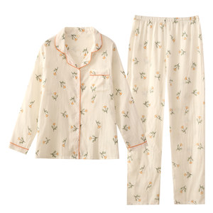 
Clearance pajamas for women, spring and autumn pure cotton gauze long sleeve trousers cardigan casual simple home clothes men's suit