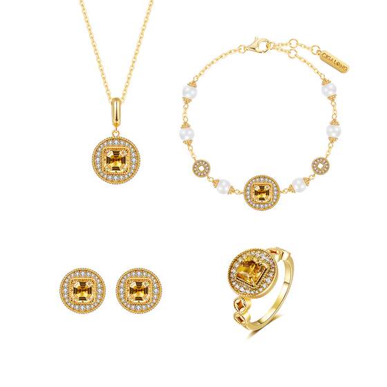 
CIGALONG Long Zijia square hole round coin citrine necklace ring earrings new Chinese style jewelry Chinese Valentine's Day gift
