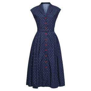 
Chings French retro v-neck classic polka dot dress contrast belt Hepburn style high waist A-line large hem skirt
