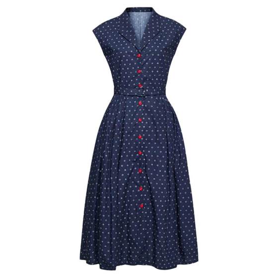 
Chings French retro v-neck classic polka dot dress contrast belt Hepburn style high waist A-line large hem skirt