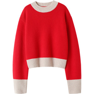 
Unexpected surprise~Contrast color pure cashmere sweater for women autumn and winter short thickened loose pullover sweater