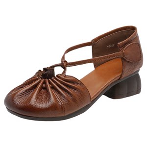 
First-layer cowhide fashion sandals for women summer Velcro toe round toe literary retro medium heel thick heel Mary Jane shoes
