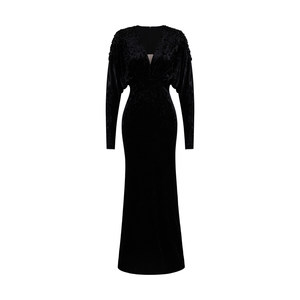 
XULU original imported velvet hand-beaded elegant dress skirt slim high waist leg of mutton sleeves deep V-neck dress