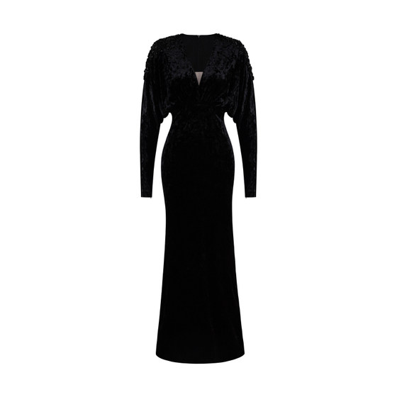 
XULU original imported velvet hand-beaded elegant dress skirt slim high waist leg of mutton sleeves deep V-neck dress