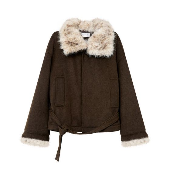 
Escape from Chigangxi high-end wool mid-length detachable fur collar loose woolen coat for women winter tops