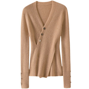 
Qichao Warm Art Coffee~V-neck 100% Pure Cashmere Sweater Women's Pure Cashmere Sweater Knitted Slim Base Shirt
