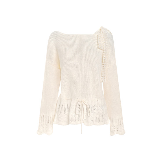 
Chen Xiaojun's same Kroche wool blend lace drawstring lace off-shoulder pullover sweater