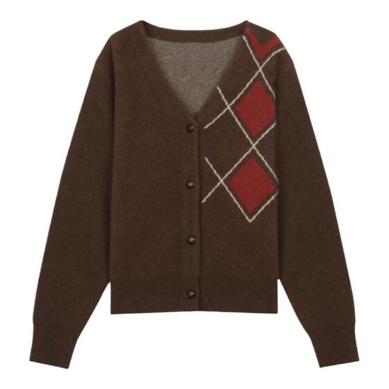 
Solighter French retro raccoon woolen diamond plaid sweater cardigan for women 2025 new loose knitted jacket