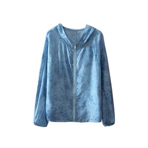 
Suye 100% mulberry silk denim smudged silk hooded sun protection cardigan women's loose and light short coat top