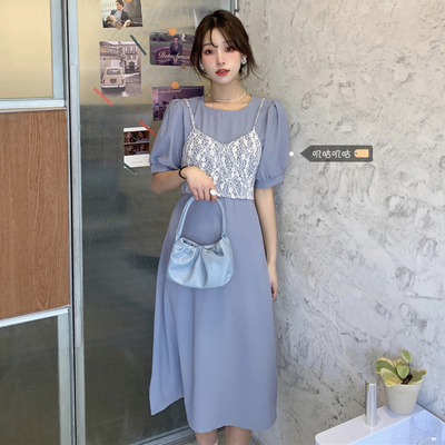 taobao agent Retro long summer dress, set, for plus size ladies, french style, floral print, lifting effect