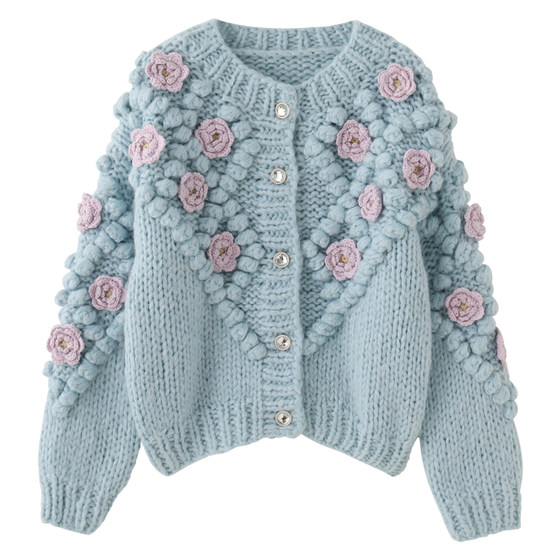 
MMC 2025 new round neck thickened handmade crochet ball thick needle stick needle knit cardigan jacket top sweater