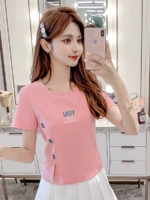 Летняя футболка, приталенный короткий жакет, с вышивкой, коллекция 2022, в корейском стиле, короткий рукав