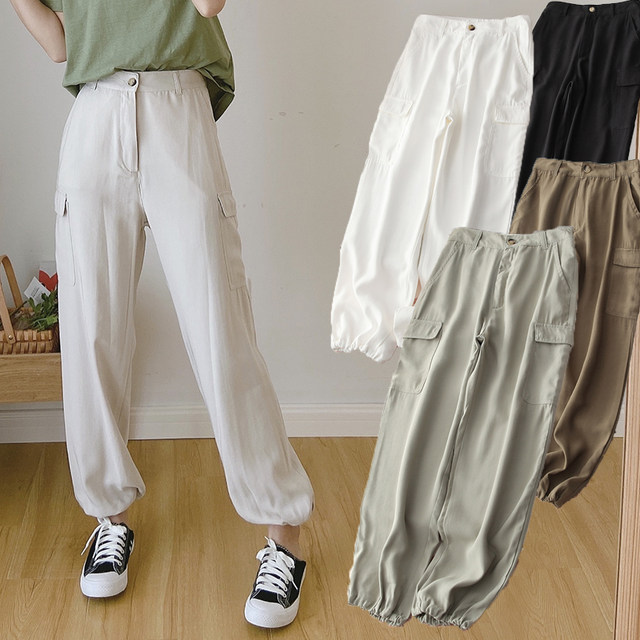ກະເປົ໋າດ້ານຂ້າງເຄິ່ງ elastic ແອວບາງໆ summer ຮູບແບບໃຫມ່ 2020 cuffed trousers versatile ຂອງແມ່ຍິງ pants ກາງເກງຂອງແມ່ຍິງ