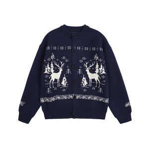 
Men's American retro 1000g Fair Isle cardigan round neck jacquard sweater for men 2025 autumn and winter couple's knitted sweater