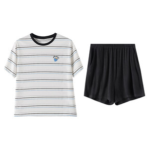 Red bean couple short-sleeved shorts pajamas summer men and women striped cool outer wear Category A loose home clothes set