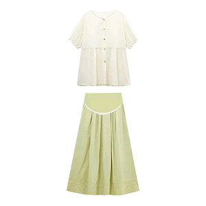 
Pregnant woman green dress suit Korean style short-sleeved pregnancy wear belly-covering top and skirt thin two-piece summer set
